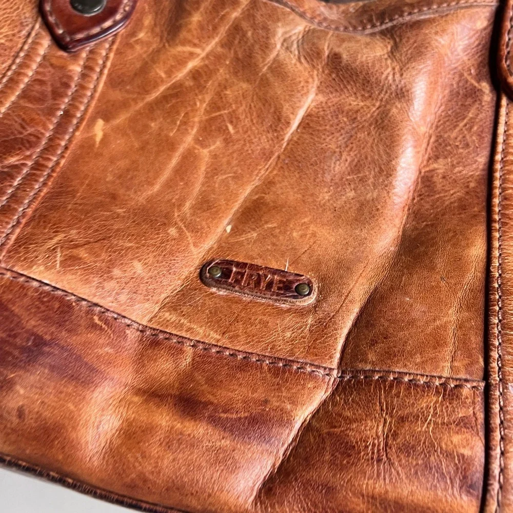 Frye‎ Melissa Satchel Cognac Brown Leather Crossbody Handbag Distressed Medium